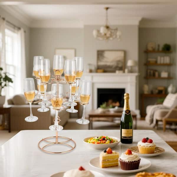 Rose Gold Tabletop Wine Glass Rack 2 Tier Metal Cocktail Tree Stand Holds 10 Glasses for Parties Events