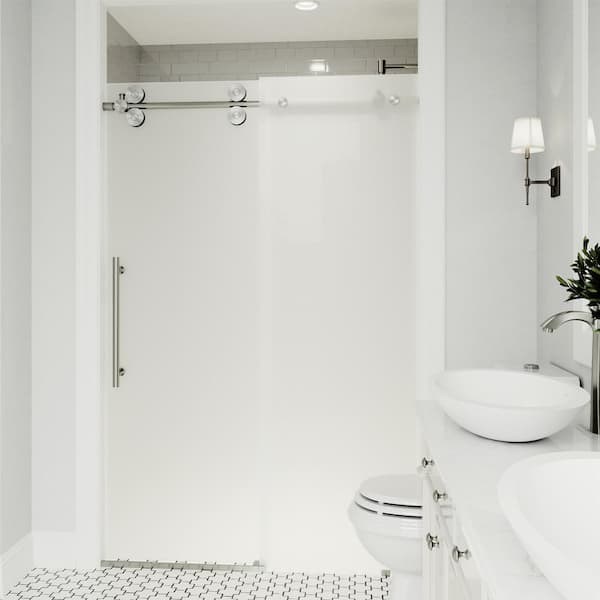 VIGO Elan 56 to 60 in. W x 74 in. H Sliding Frameless Shower Door in Stainless Steel with 3/8 in. (10mm) Frosted Glass