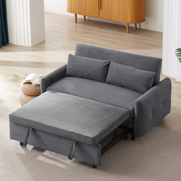 Harper & Bright Designs 57.4 in. Dark Gray Corduroy Fabric Twin Size Pull-out Sofa Bed Convertible Loveseat with 2 Throw Pillows and USB Ports