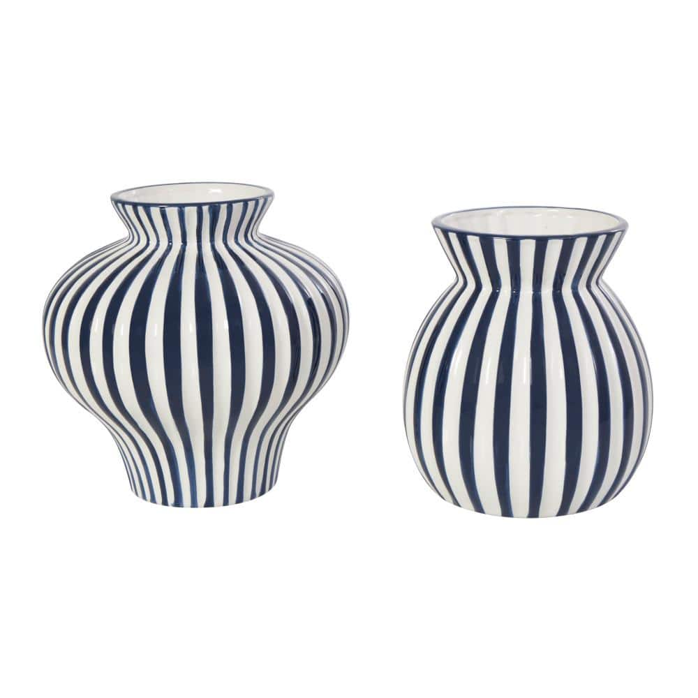 Blue and White Striped Ceramic Table Vase Set