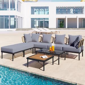 8-Piece Metal Black Steel Outdoor Patio Conversation Sectional Sofa Set with Wooden Coffee Table and Beige Cushions