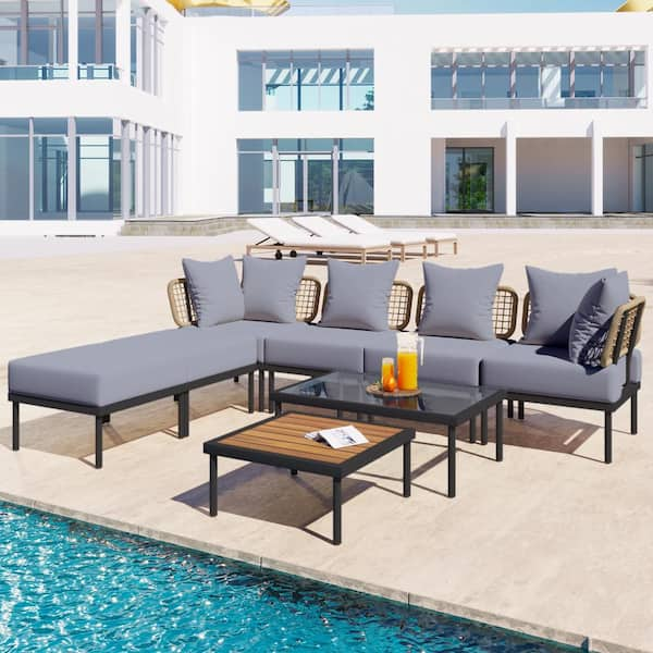 Runesay 8-Piece Metal Black Steel Outdoor Patio Conversation Sectional ...