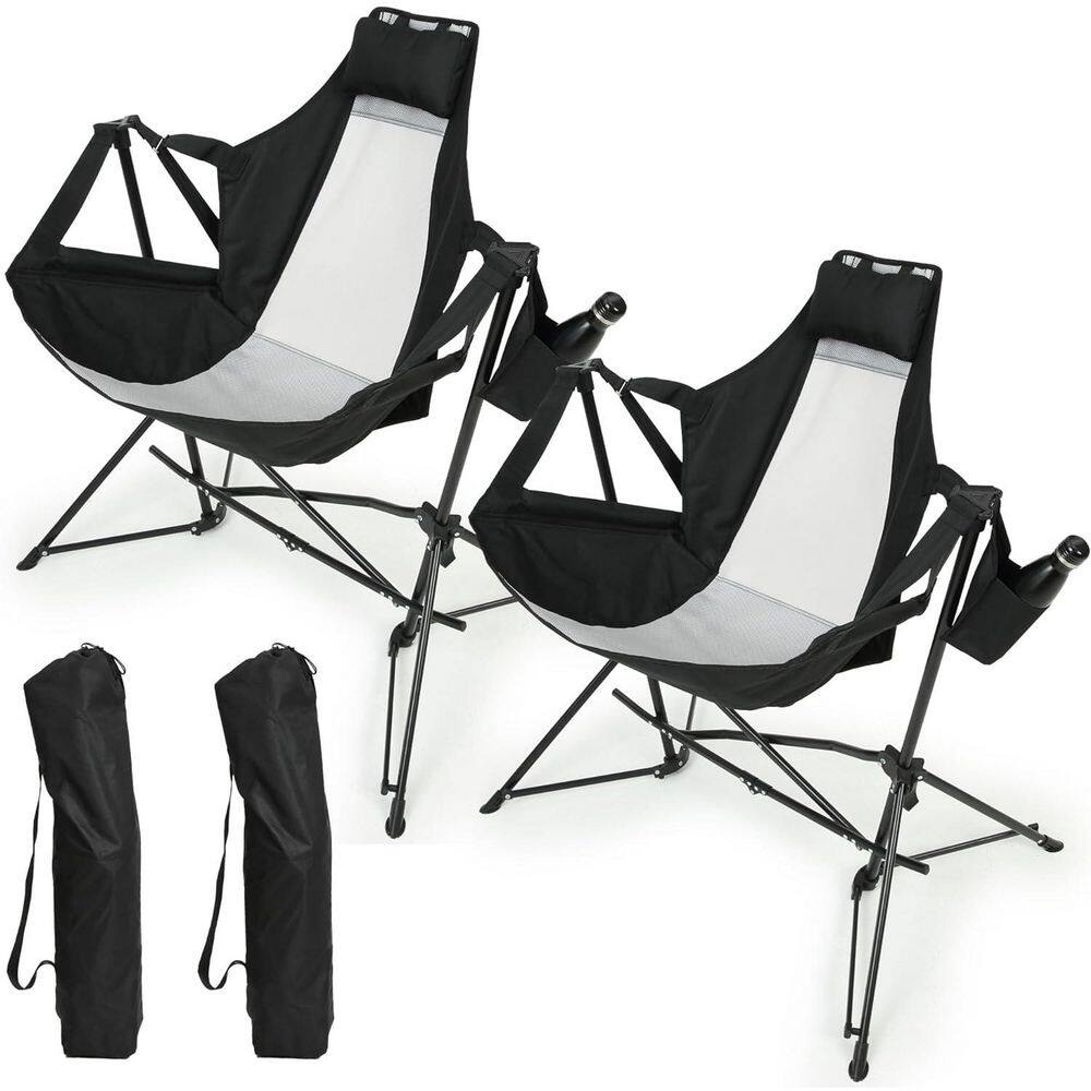 2-Piece Black Metal Folding Lawn Chair, Outdoor Hammock Camping Chair with Adjustable Back, Pillow Cup Holder Carry Bag price history on PriceWatchPro