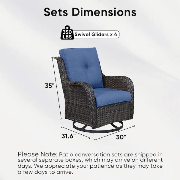 4-Piece Brown Wicker Outdoor Swivel Glider Chair with Blue Cushions and Curved Armrest/Rocking Chairs for Patio/Porch