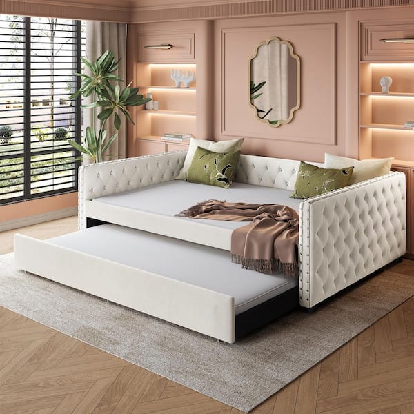 White Wood Frame Full Size Technical Fabric Upholstered Daybed with Twin Size Trundle, Button & Copper Nail