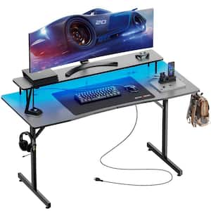 55 in. Wood Gaming Desk with Monitor Stand Black Computer Gamer Desk Ergonomic Carbon Fiber Surface Gaming Table