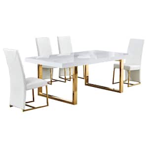 Padraig 5-Piece White Modern Rectangular Wood Top Dining Set in Gold