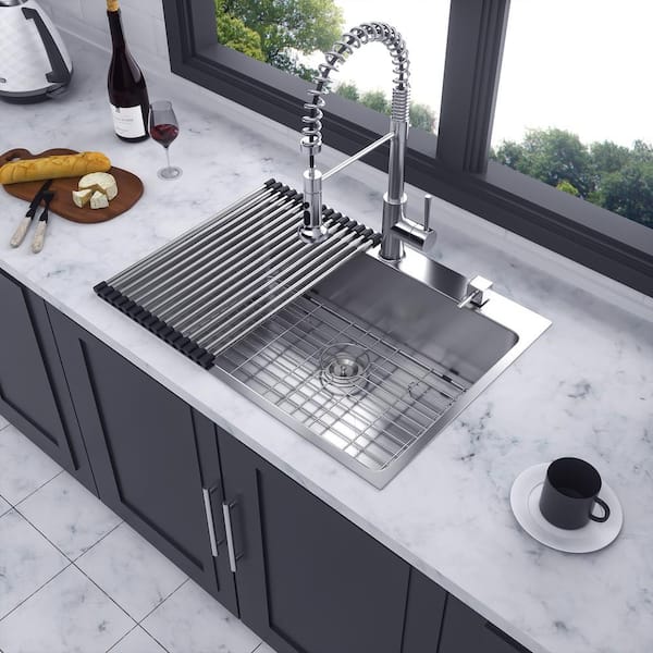 25 in. L x 22 in. W Drop-in Single Bowl 16-Gauge Stainless Steel Kitchen Sink in Brushed Nickel