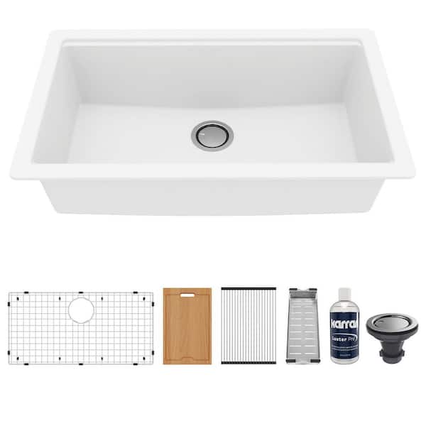 QUWS- 875 Quartz/Granite 32.5 in. Single Bowl Undermount Workstation Kitchen Sink in White