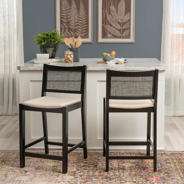 Lewis 25.25 in. Black Cane Low Back Wood Counter Stool with Fabric Seat Set of 2