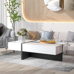 Modern 45.2 in.White Rectangle Wood Coffee Table With Big Drawer, High Gloss Surface Cocktail Table, Center Table