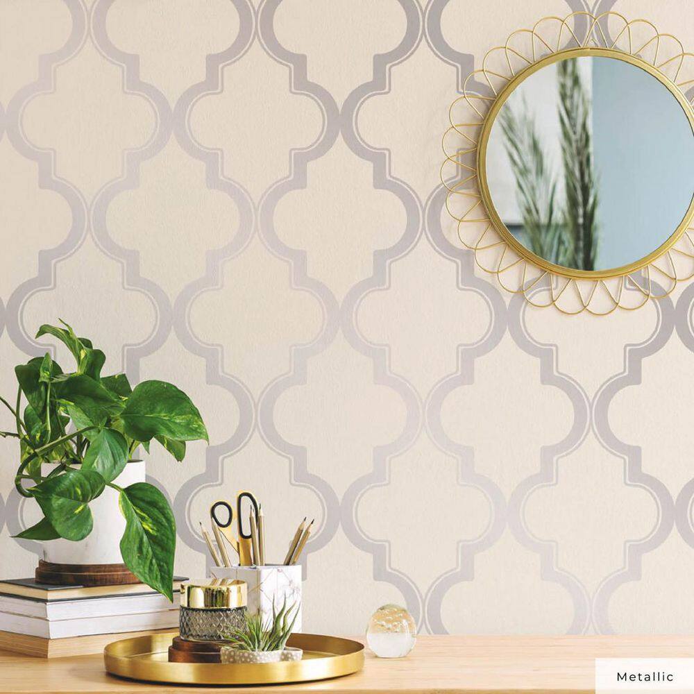 Cream and Metallic Silver Vinyl Peel and Stick Wallpaper Roll