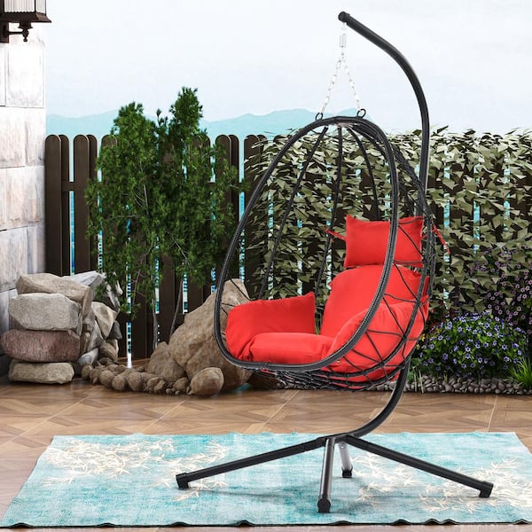 Boosicavelly Outdoor Patio Black Steel Wicker Frame Hanging Swing Egg Chair with Stand with Red Cushion