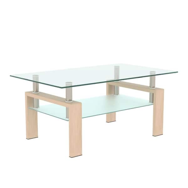 39.37 in. Oak Rectangle Clear Glass Coffee Table with Dual-Tier Storage & Metal Frame
