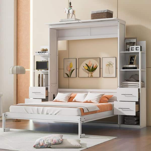 White Wood Frame Queen Murphy Bed with Shelves, Drawers and LED Lights