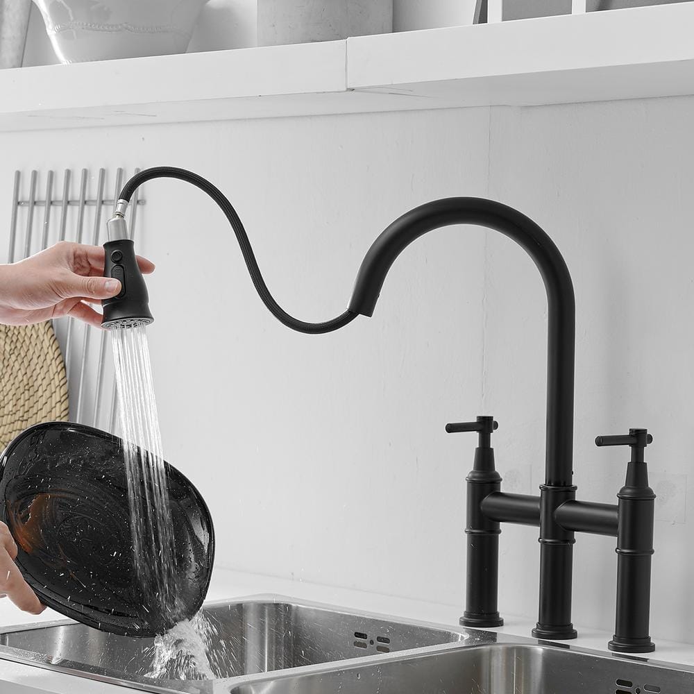 Matte Black Dual Handle Pull Down Kitchen Faucet