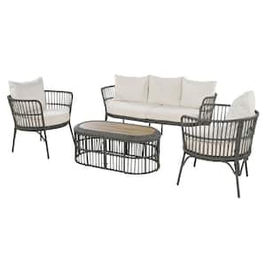 4-Piece Gray PE Rattan Metal Iron Outdoor Patio Furniture Conversation Sectional Set with Wood Table and Beige Cushions