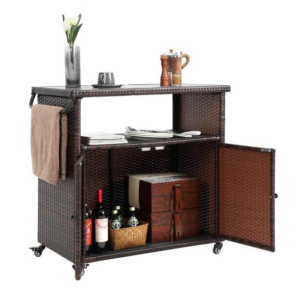 ITOPFOX Wicker Outdoor Bar Cart with Wheels, Glass Top for Porch