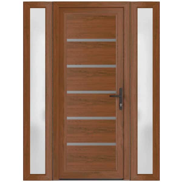 64 in. x 80 in. Left-hand/Inswing Frosted Glass Walnut Steel Prehung Front Door with Hardware