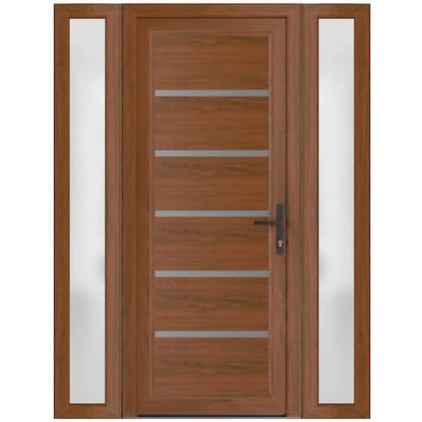 62 in. x 80 in. Left-hand/Inswing Frosted Glass Walnut Steel Prehung Front Door with Hardware