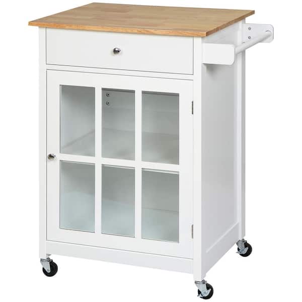 Tileon Rolling Kitchen Cart with Drawer and Glass Door Cabinet, Kitchen Trolley with Adjustable Shelf and Towel Rack in White