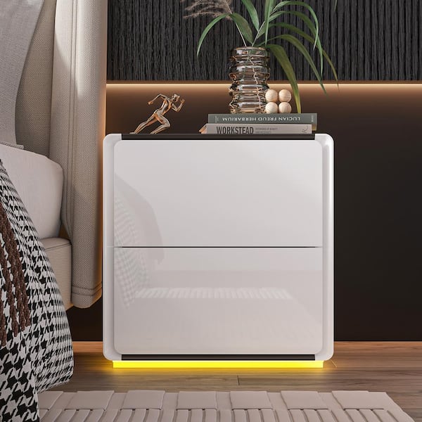 FUFU&GAGA White Glossy Finished, Black Walnut Top, 2-Drawers 19.6 in. W, Nightstand, End Table with Smooth Line and Surface Design
