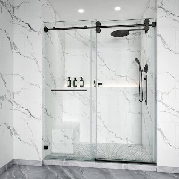 56-60 in. W x 72 in. H Single Sliding Frameless Shower Door Matte Black 3/8 in. Clear Glass with Towel Bar