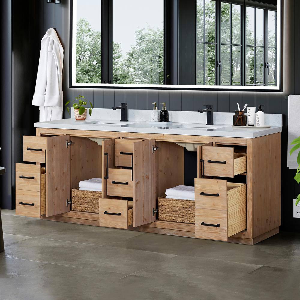 Cicero 84" Light Brown Fir Wood Vanity with White Stone Top
