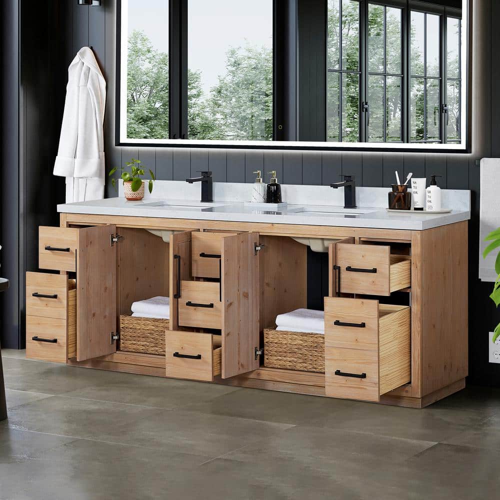 Cicero 84" Light Brown Fir Wood Vanity with White Stone Top