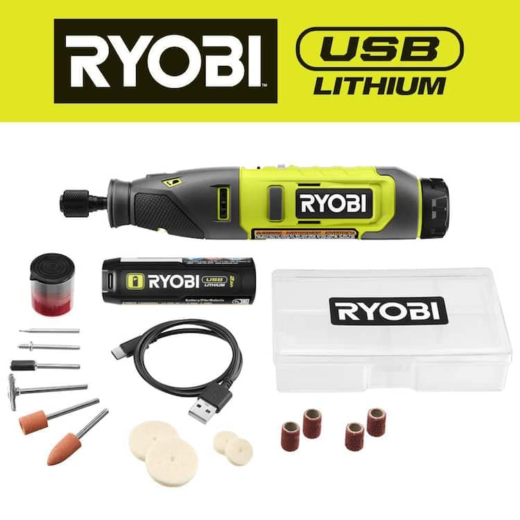 RYOBI USB Lithium Rotary Tool Kit with 2.0 Ah USB Lithium Battery and Charging Cable