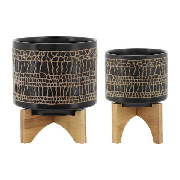 Unbranded 7.75 in. L x 7.75 in. W x 10.50 in. H Black Glazed Planter Individual Pots with Stand (2-Pack)