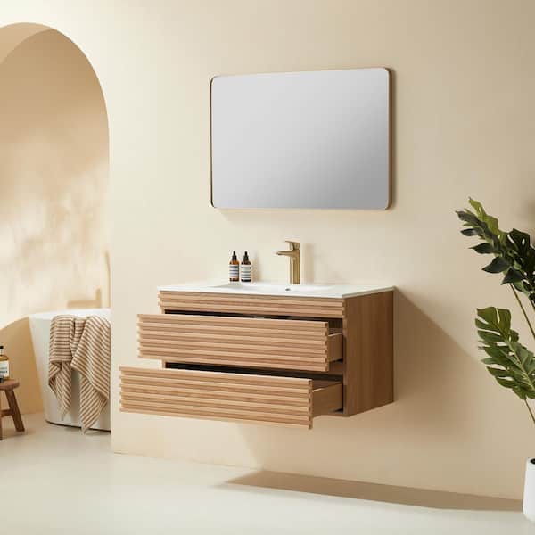 FAMYYT 36 in. W Floating Natural Bath Vanity with White Ceramic