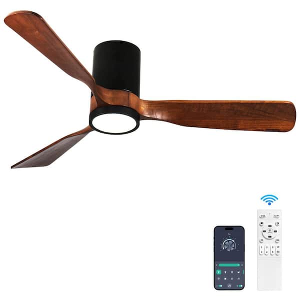 60 in. Smart APP Black Indoor Solid Wood Brown Blades Flush Mount Standard Ceiling Fan with 3-Color Dimmable LED Light