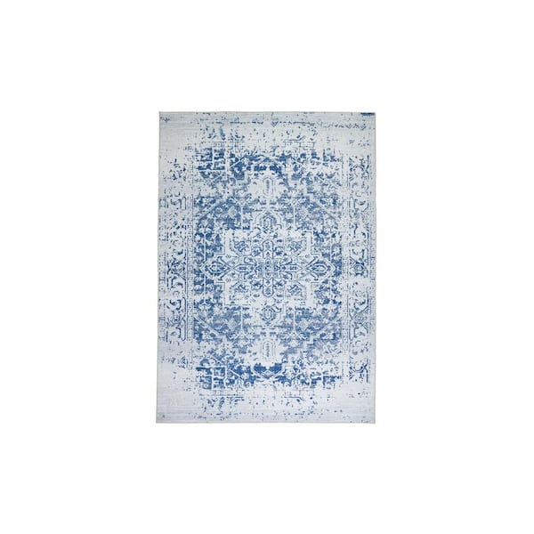 PLAYA RUG Himalayas Navy Creme 2 ft. x 3 ft. Machine Washable Modern Floral Abstract Polyester Non-Slip Backing Area Rug