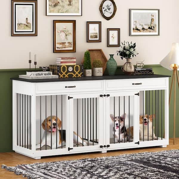 FUFU&GAGA 72 in. Furniture Style Dog Crate Large Wooden Dog Kennel with Drawers and Divider, Heavy-Duty Dog House for 2 Dogs White