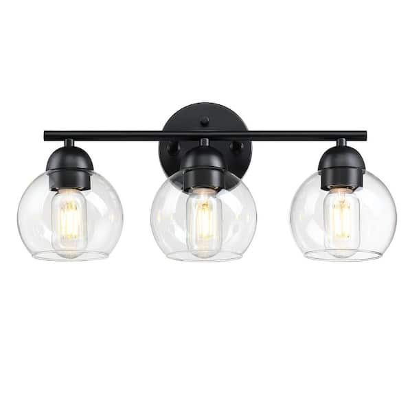 Pia Ricco 18.32 in. 3-Light Black Vanity Light with Clear Glass Shade A ...