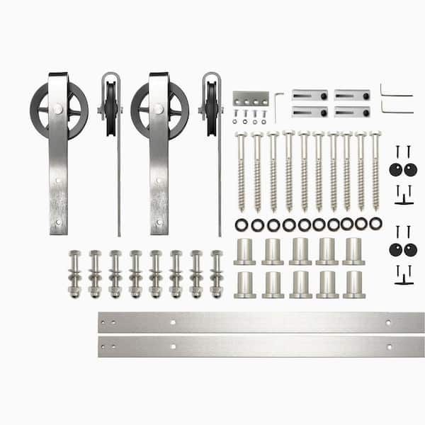 HOMACER 14 ft./168 in. Brushed Nickel Non-Bypass Sliding Barn Door Hardware Kit Spoke Wheel Design Roller for Double Doors