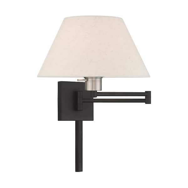 AVIANCE LIGHTING Atwood 1-Light Black Plug-In/Hardwired Swing Arm Wall Lamp with Oatmeal Fabric Shade