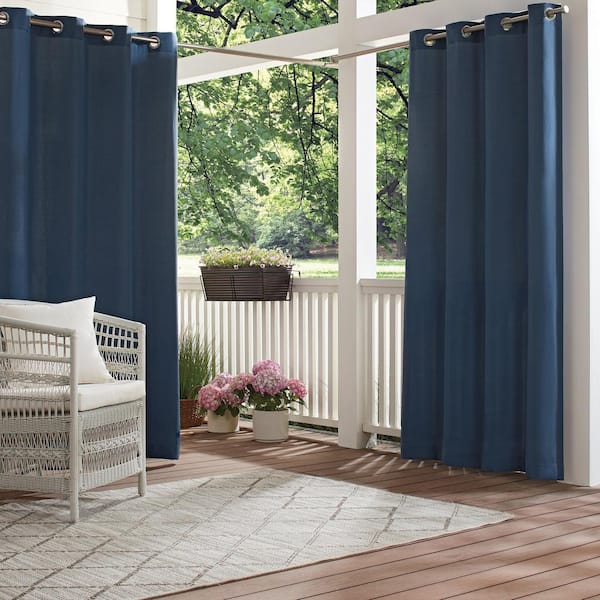 Waverly Hampton Blue Solid Polyester 52 in. W x 95 in. L Light Filtering Single Outdoor Grommet Panel