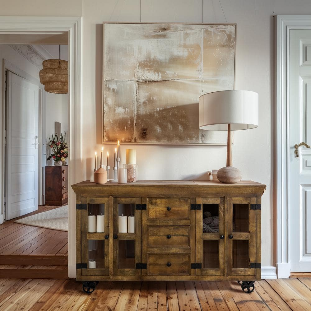 Rustic Charm 72'' Solid Mango Wood Sideboard with Cast Iron Wheels