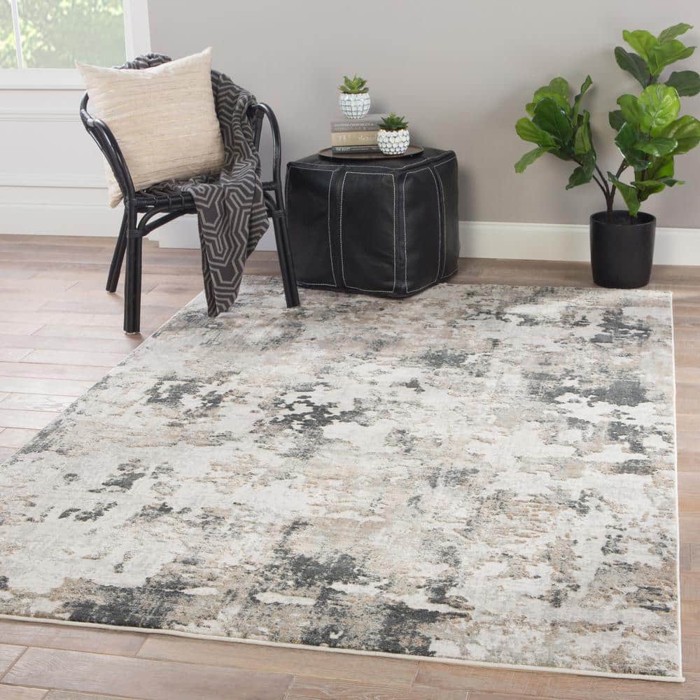 Gray and Ivory Abstract 9' x 12' Viscose Area Rug