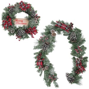 24 in. Artificial Christmas Wreath with Garland, Pinecones and Bows