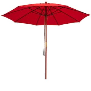 9.5 ft. Pulley Lift Round Market Patio Umbrella with Fiberglass Ribs in Red