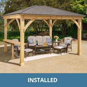 Professionally Installed Meridian 12 ft. x 14 ft. Cedar Shade Gazebo with a 12 ft. Bar Counter and Brown Aluminum Roof