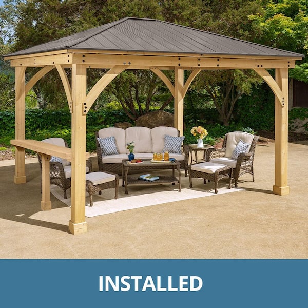 Yardistry Professionally Installed Meridian 12 ft. x 14 ft. Cedar Shade Gazebo with a 12 ft. Bar Counter and Brown Aluminum Roof