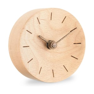 Small Modern Desk Clock 4-3/8 in. Diameter Real Wood Analog Clock for Shelf, Table and Desktop, Light Brown