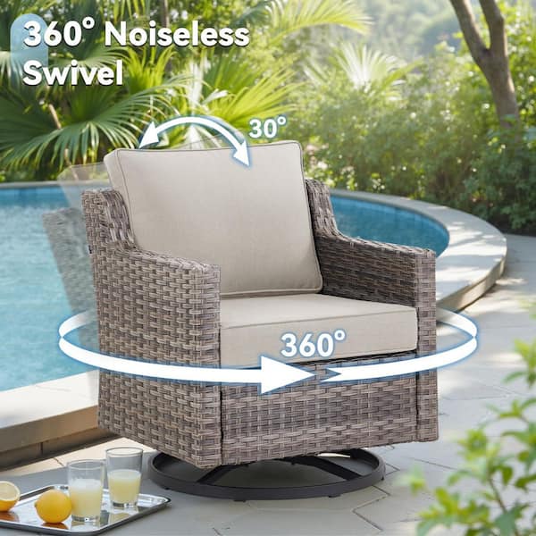 6-Piece Wicker Patio Conversation Set with Swivel Rocker Chairs, Outdoor Sofa Seating Set with Beige Cushions