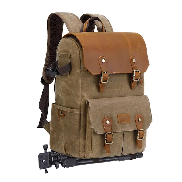 Lukyamzn Camera Backpack Weather Resistant Waxed Canvas DSLR SLR with Laptop Compartment Tripod Holder Khaki
