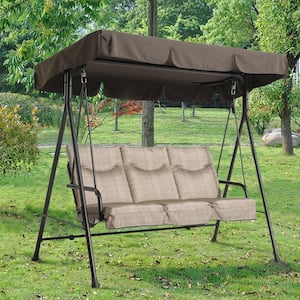 3-Person Patio Porch Outdoor Canopy Hanging Swing Lounge Chair Adjustable, Removable Cushions-Brown and Khaki