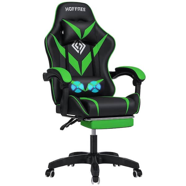 Hoffree Faux Leather Massage Reclining Ergonomic Gaming Chair in Green with Footrest